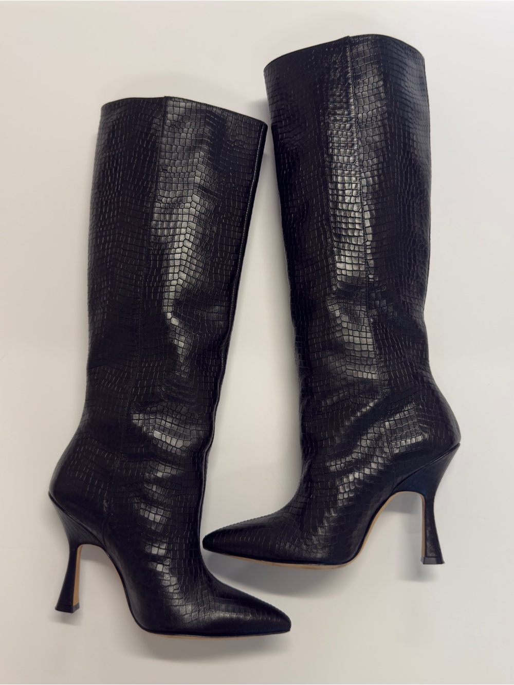 Stuart Weitzman Parton Black Croc Leather Knee-High Boots Size 8.5 EUC